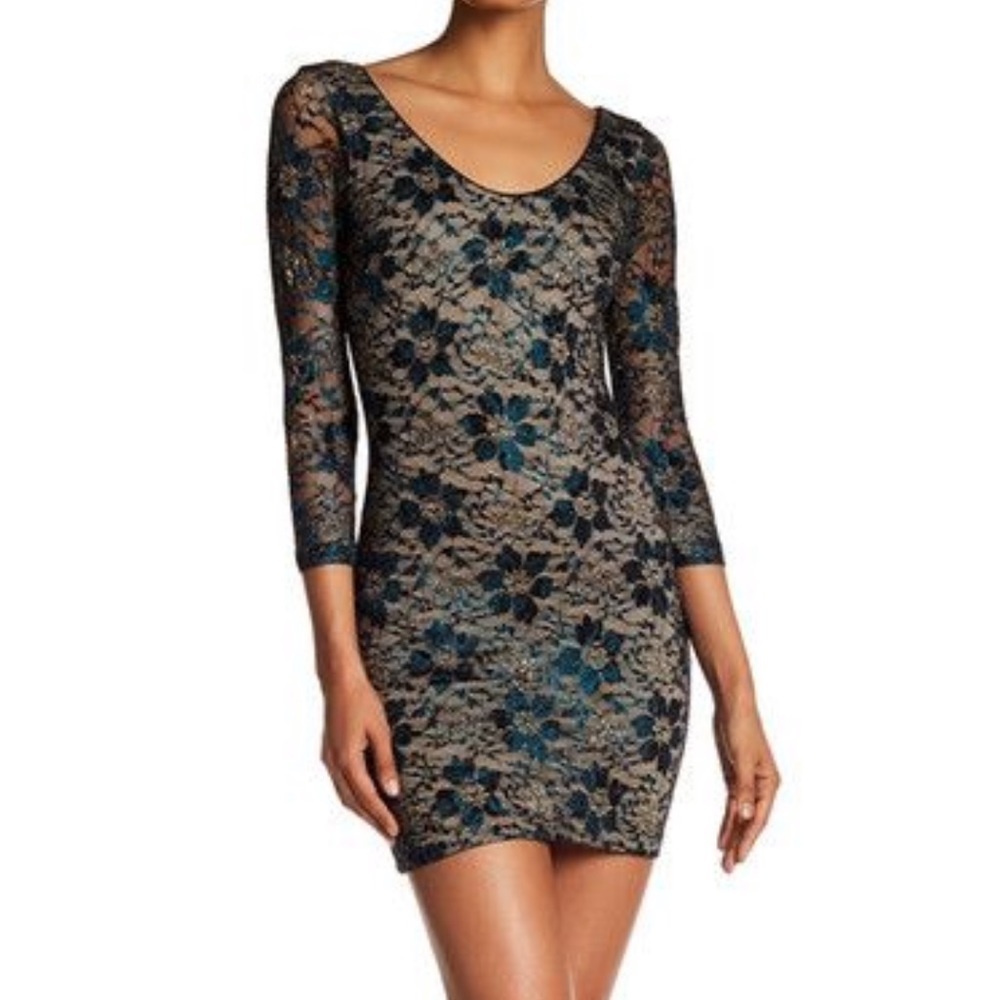 Dress the Population Black with Gold Lace Body-con Backless Cocktail Dress